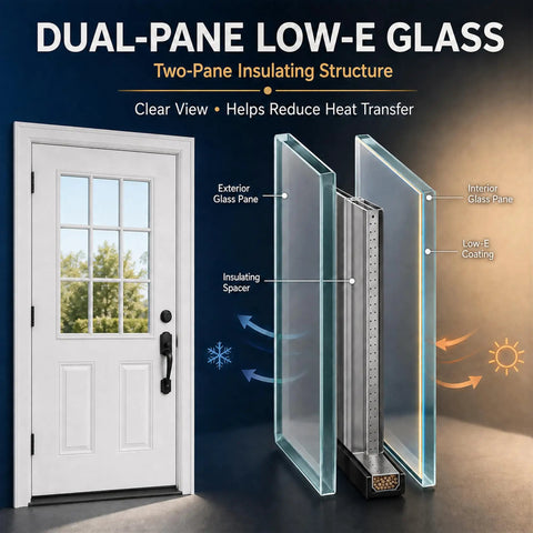 32 By 80 Inch White Primed Fiberglass Front Entry Door Slab Smooth Texture Nine Lite Clear Low E Glass dual-pane glass structure detail
