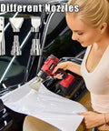 Woman using Cordless Heat Gun For Milwaukee M18 Battery Two Temperature Settings Up To 1022 F 550 C on vinyl wrap with nozzles shown