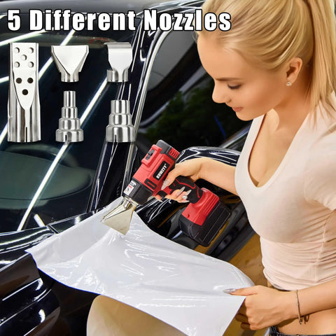 Woman using Cordless Heat Gun For Milwaukee M18 Battery Two Temperature Settings Up To 1022 F 550 C on vinyl wrap with nozzles shown