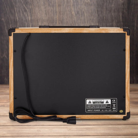 Back view of 40W Electric Guitar Amp With 8-Inch 4-Ohm Speaker, showing power cord and input label on wooden surface.