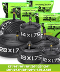 26 Inch Bike Inner Tube 4 Pack Fits 26 x 1.75 2.125 Road And Mountain Bikes Schrader Valve 32mm Includes 2 Tire Levers Anti Aging Durable Tubes For Rough Roads And Trail Rides displayed with various other tube sizes in green packaging
