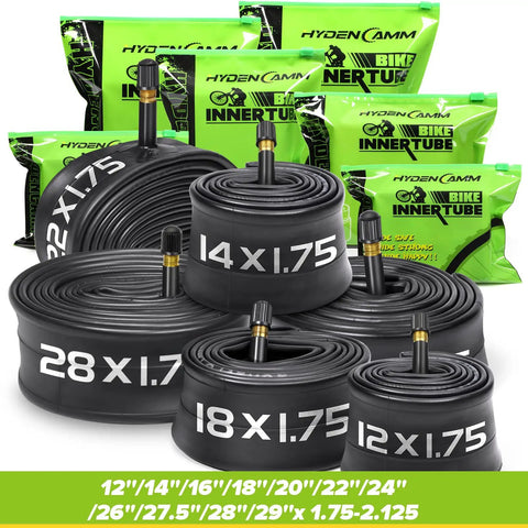 26 Inch Bike Inner Tube 4 Pack Fits 26 x 1.75 2.125 Road And Mountain Bikes Schrader Valve 32mm Includes 2 Tire Levers Anti Aging Durable Tubes For Rough Roads And Trail Rides displayed with various other tube sizes in green packaging