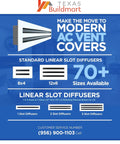 Advertisement for Texas Buildmart featuring 24-Inch Linear Slot Diffuser With Dual Slot White Decorative Air Vent Cover