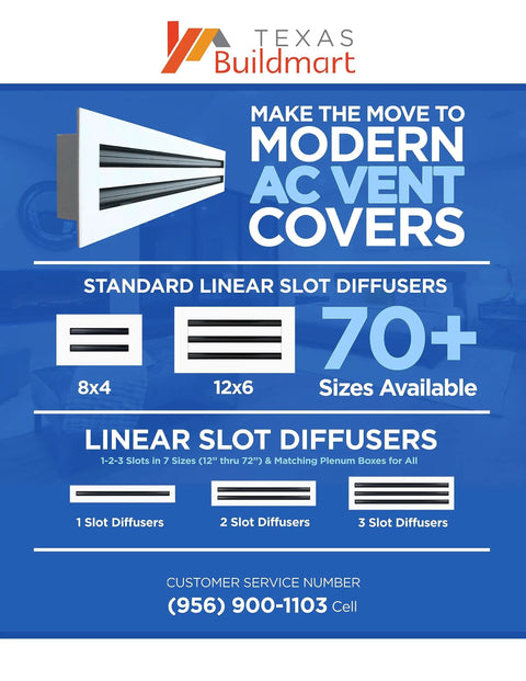 14x4 Modern AC Vent Cover in White Aluminum Sleek Dope Look for Ceiling Wall and Floor Standard Linear Slot Grille for Heating and Cooling Easy Install Clean Look promotional graphic with various sizes and diffuser types.