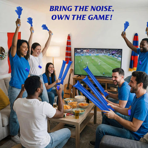 Group cheering with Cheering Noisemakers Set With 12 Mini Air Horns, 12 Hand Clappers, And 24 Thunder Sticks Blue at a sports event