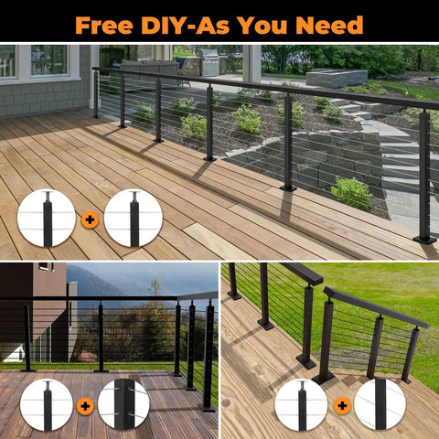 Hella Solid DIY Cable Railing Post Kit Complete Stainless Steel Wire Rope Deck System with level posts showcased on different decks.