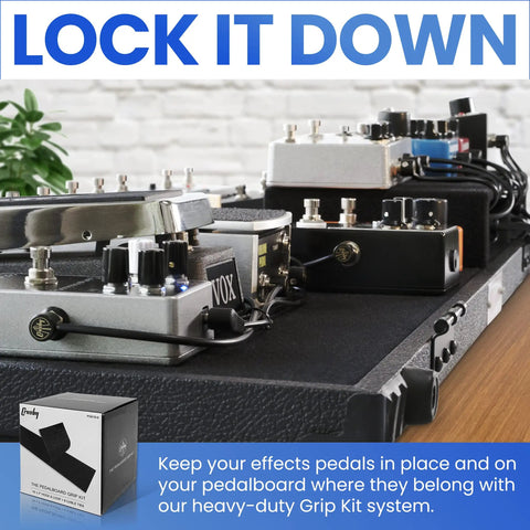 Grip Kit For Pedalboards With 10 Feet Of Heavy Duty Hook And Loop Tape And 6 Reusable Cable Ties securing pedals on board