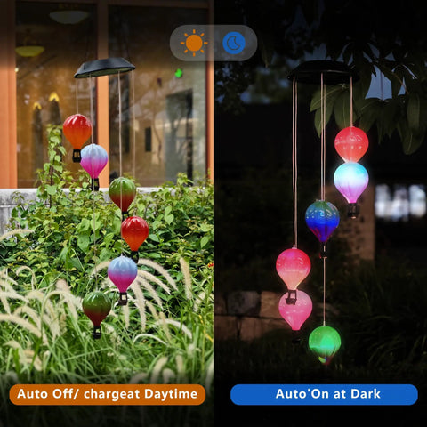Solar Hot Air Balloon Lantern And Wind Chimes For Garden Outdoor Hanging Lights with color-changing LEDs, day and night view.
