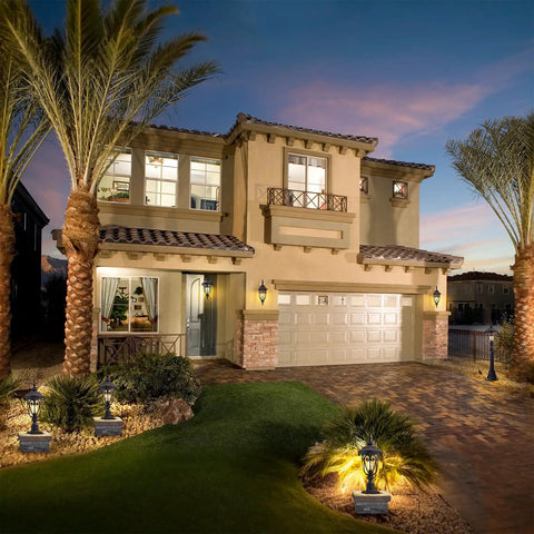 House exterior at dusk with Vintage Outdoor Post Light With Pier Mount 24 Inch High Yard Lantern in garden