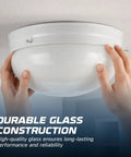Hands installing 8 Inch White Glass Mushroom Lampshade For Home Lighting Fits Standard Fitter Seven Eighths Inch 9.5 Inch Diameter
