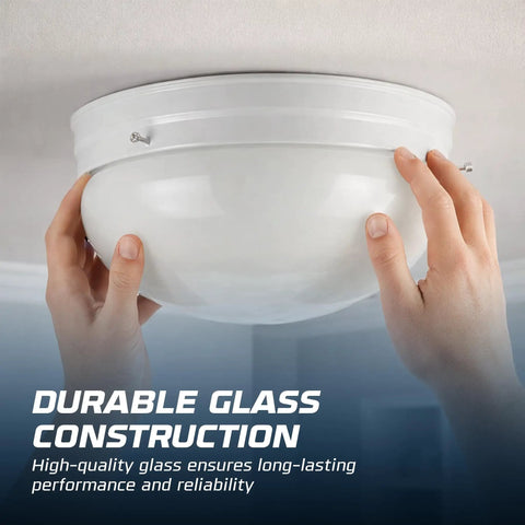 Hands installing 8 Inch White Glass Mushroom Lampshade For Home Lighting Fits Standard Fitter Seven Eighths Inch 9.5 Inch Diameter