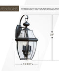 Three Light Outdoor Wall Lantern In Black Finish With Brass Construction For Porch Patio Or Entry, Classic Lancaster Collection