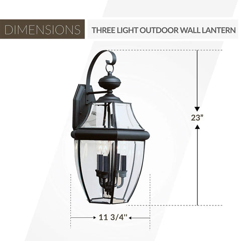 Three Light Outdoor Wall Lantern In Black Finish With Brass Construction For Porch Patio Or Entry, Classic Lancaster Collection