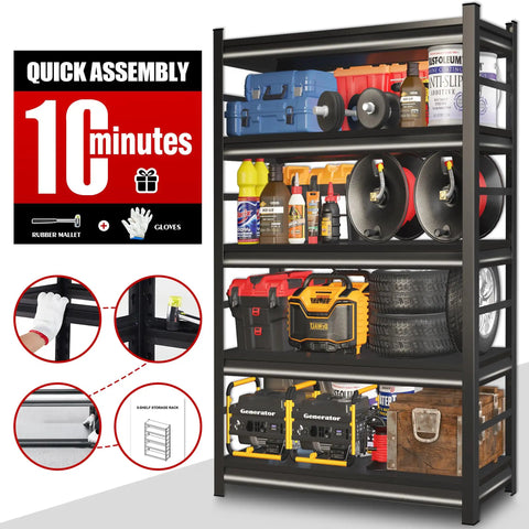 63 Inch Heavy Duty Garage Shelving Unit With Five Tier Adjustable Metal Storage Racks For Workshop Organization Black 15.75 Inch Deep 31.5 Inch Wide 63 Inch High Durable Steel Shelving System loaded with tools and equipment
