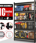 Beefy Heavy-Duty Metal Shelving Unit, 5-Tier Adjustable Garage Storage Rack with tools and equipment displayed, 72 Inch Tall.