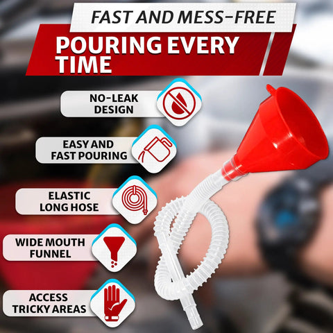 Long 23 Inch Wide 3 Inch Funnel With Flexible Hose For Transmission Fluid And Engine Oil Reaches Deep Dipstick Tubes And Narrow Filler Necks Ideal For Engine Bay Access Also Pours Coolant And Brake Fluid For Diy Mechanics shown in use with features highlighted