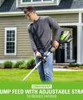 User operating Heavy Duty Cordless String Trimmer With Brushless Motor 16 Inch Weed Whacker, featuring adjustable strap for comfort.