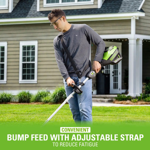 User operating Heavy Duty Cordless String Trimmer With Brushless Motor 16 Inch Weed Whacker, featuring adjustable strap for comfort.