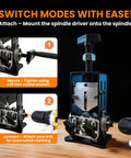Manual Wire Stripper Machine For 0.06 To 1 Inch Wires, side view with drill attachment for automatic cranking, aluminum frame