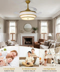 Velsgate 48 Inch Retractable Ceiling Fans with Lights and Remote in a cozy living room setup with multiple speed options visible.