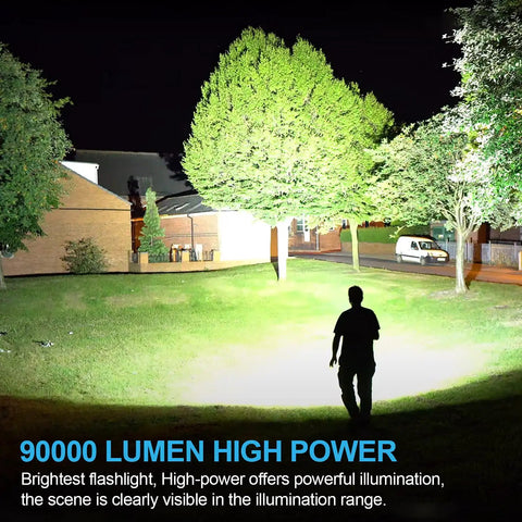 Silhouette standing in bright light from Rechargeable LED Flashlight Beast Mode Brightness 90000 Lumen Tactical Zoomable Flashlight