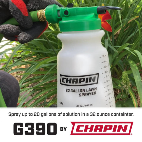 G390 Hose End Sprayer for Water Soluble Materials, 20 Gallon Tank, 32 Ounce Capacity in use for lawn care.