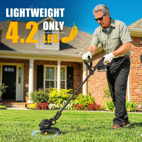 Man using 3 In 1 Cordless String Trimmer Edger And Mini Mower For 20V Max Batteries 12 Inch Cut 8500 RPM Auto Feed Weed Wacker With Adjustable Handle Battery Not Included
