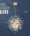Eight Light Gold Dandelion Sputnik Crystal Chandelier Ceiling Light Fixture features dimensions and bulb details