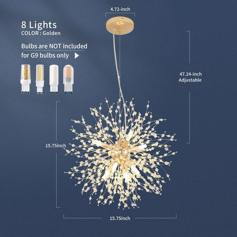 Eight Light Gold Dandelion Sputnik Crystal Chandelier Ceiling Light Fixture features dimensions and bulb details