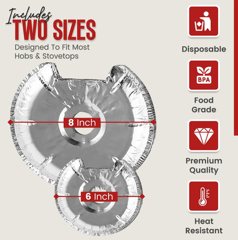 Heavy Duty Disposable Stove Burner Liners Pack For Electric Stoves, showing 6 and 8 Inch Aluminum Covers and product features.
