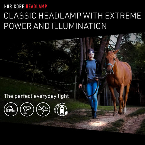 Ultimate Hands Free Headlamp Blasting Six Hundred Lumens Up To One Hundred Fifty Meters Away Great For Work Hard Hats And Nighttime Adventures With Red Rear Safety Light And Advanced Focus System Lightweight At One Hundred Fifty Eight Grams illuminating woman walking horse