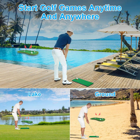 Floating Golf Green For Pool And Lake With Dual Cup Design Chipping Mat Ball Retriever And Anti Drift Ropes Stable EVA Base