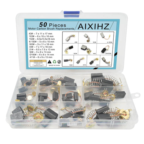 Carbon Brush Set For Electric Motors 50 Pieces In 10 Sizes Replacement Parts For Power Tools Including Angle Grinders Hammer Drills Circular Saws Pro Grade Graphite Copper Brushes For Quiet Low Sparking Performance DIY Friendly in case
