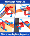 Two Lane Starting Gate For Toy Car Tracks Lets You Launch Two Cars At Once Quick Plug And Play Install In Seconds No Tools Required Compatible With Most Track Systems For A Dope Raceway Upgrade with multi-angle fixing clips on table edges.