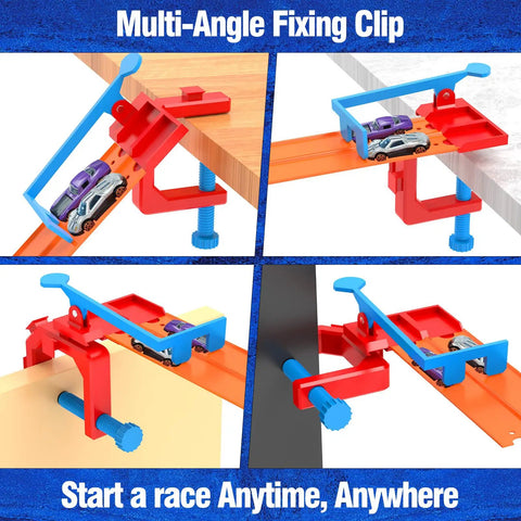 Two Lane Starting Gate For Toy Car Tracks Lets You Launch Two Cars At Once Quick Plug And Play Install In Seconds No Tools Required Compatible With Most Track Systems For A Dope Raceway Upgrade with multi-angle fixing clips on table edges.