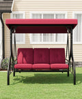 Red Three Seat Outdoor Porch Swing With Adjustable Canopy And Convertible Bed Stand, Weather Resistant Steel Frame