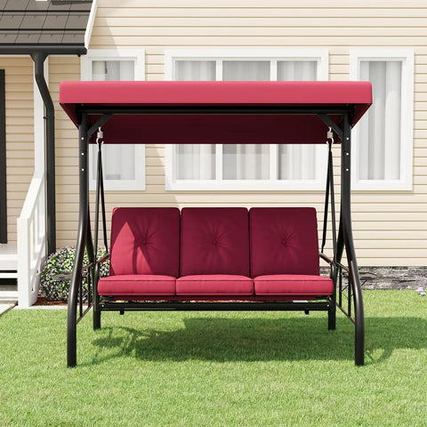 Red Three Seat Outdoor Porch Swing With Adjustable Canopy And Convertible Bed Stand, Weather Resistant Steel Frame