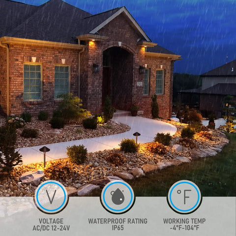 Low Voltage LED Landscape Path Lights 12 24V AC DC IP65 Outdoor Walkway Lights illuminating a path at night, oil-rubbed bronze.