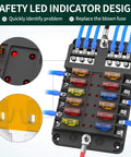 12 Way Fuse Block With LED Indicator, 12V Blade Fuse Box, waterproof cover, ATO ATC, for automotive, marine, RV systems