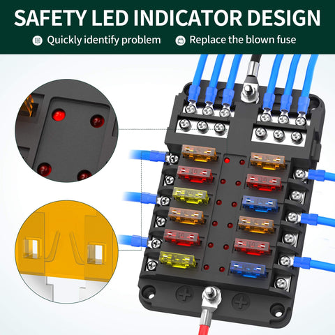 12 Way Fuse Block With LED Indicator, 12V Blade Fuse Box, waterproof cover, ATO ATC, for automotive, marine, RV systems