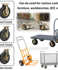 Badass Heavy Duty Pneumatic Caster Wheels With Swivel Brakes on various carts and workbenches for smooth rolling.