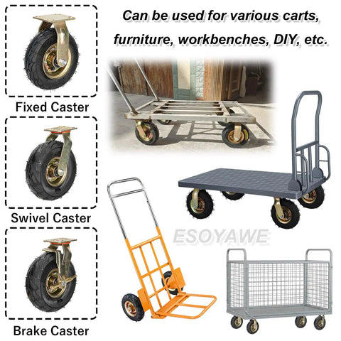 Badass Heavy Duty Pneumatic Caster Wheels With Swivel Brakes on various carts and workbenches for smooth rolling.