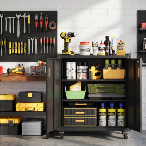 Top Shelf Metal Storage Cabinet With Heavy Duty Rollers Lockable Rolling Tool Chest For Garage And Shop Smooth Riding Casters And Adjustable Shelving In Matte Black