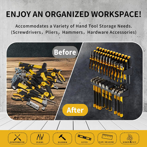 Before and after of tools with Heavy Duty Wall Mount Tool Organizer Set For Garage And Workshop With Screwdriver Holder Pliers Rack
