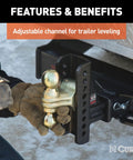 Hands adjusting an adjustable channel mount ball mount for trailers with anti rattle and leveling capabilities, black powder coat finish