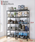 No Sweat Install Heavy Duty 5 Tier Metal Wire Shelving, Set Of 2 Compact Storage Racks With Floor Levelers For Garage, Kitchen, Pantry, Smart Way To Tame Clutter In Tiny Spaces Black with boxes and tools.