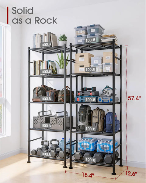 No Sweat Install Heavy Duty 5 Tier Metal Wire Shelving, Set Of 2 Compact Storage Racks With Floor Levelers For Garage, Kitchen, Pantry, Smart Way To Tame Clutter In Tiny Spaces Black with boxes and tools.