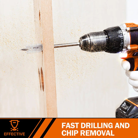 Power drill using Go-To Spade Drill Bit Set for Woodworking, 13-Piece Alloy Steel Paddle Bits With Quick Change Shank.