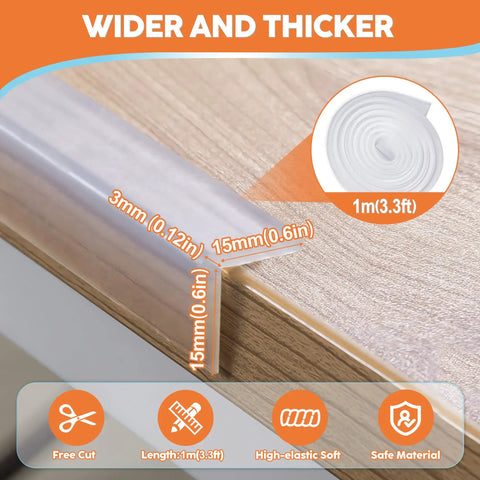 Legit Silicone Baby Proofing Edge Guards And Corner Protectors Heavy Duty Wall Bumpers clearly showing 15mm and 3mm thicknesses on furniture.