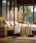 68 Inch Farmhouse Floor Lamp With Tree Trunk Faux Wood Column in a cozy bedroom setting with dark bronze wicker drum shade